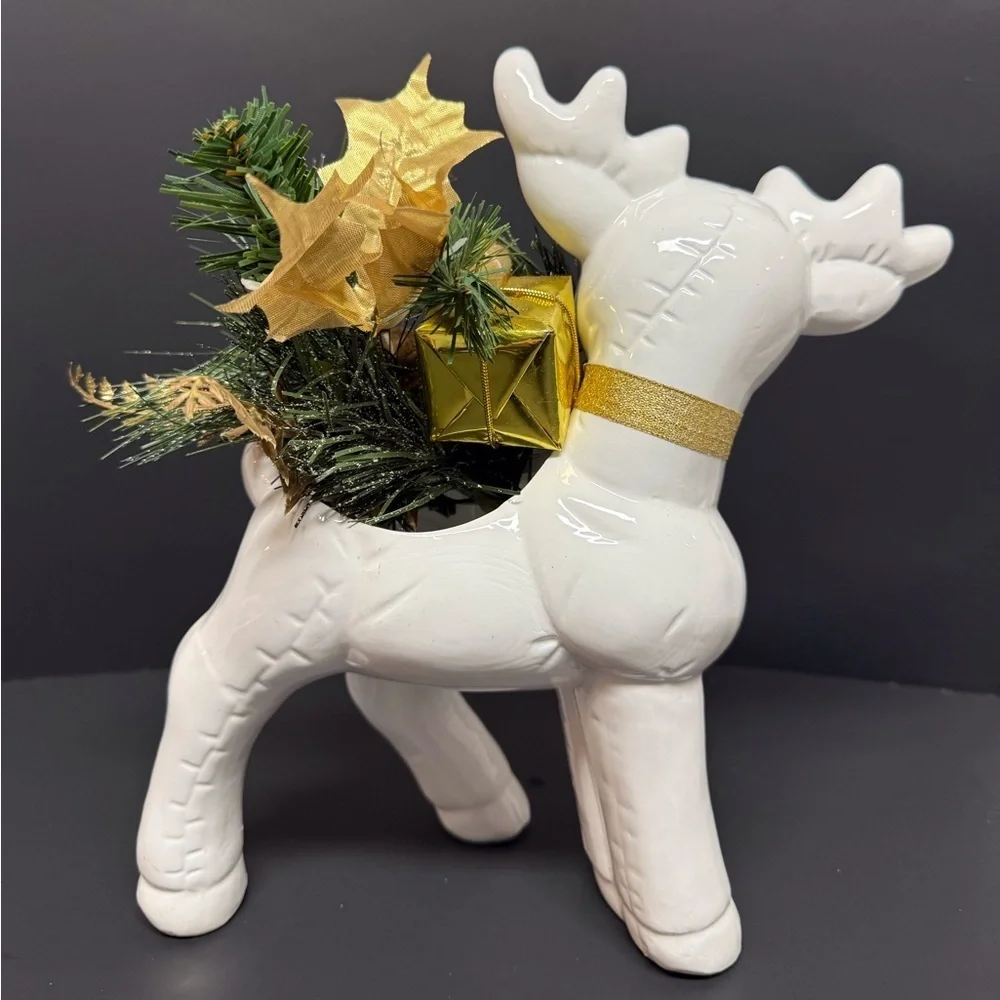 1990’s White Ceramic Reindeer Planter with Gold Bow & Greenery EUC